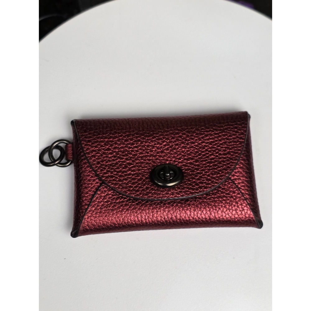 Coach Card Case OS Burgundy Metallic Pebbled Leather Turnlock Key Ring Wallet